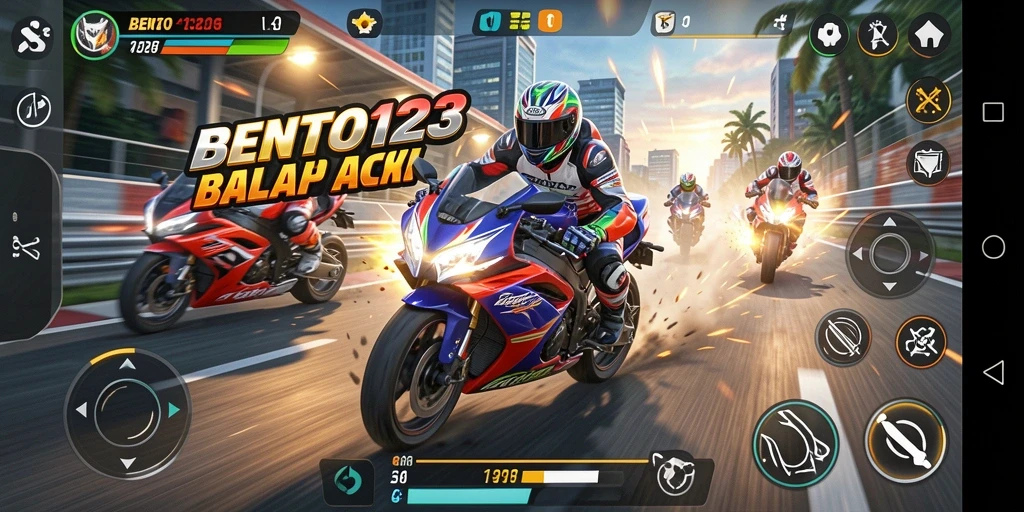 Gameplay seru balap motor di berbagai trek menantang.