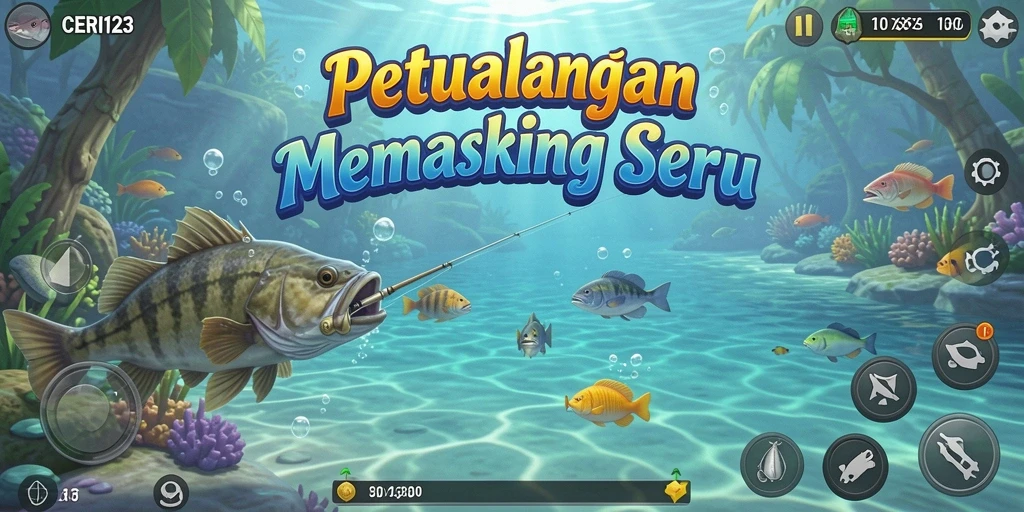 Tampilan gameplay CERI123 dengan momen menangkap ikan yang mendebarkan.