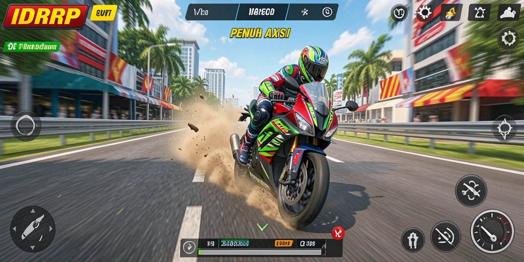 Tampilan gameplay menarik dari IDRRP saat balapan sepeda motor.