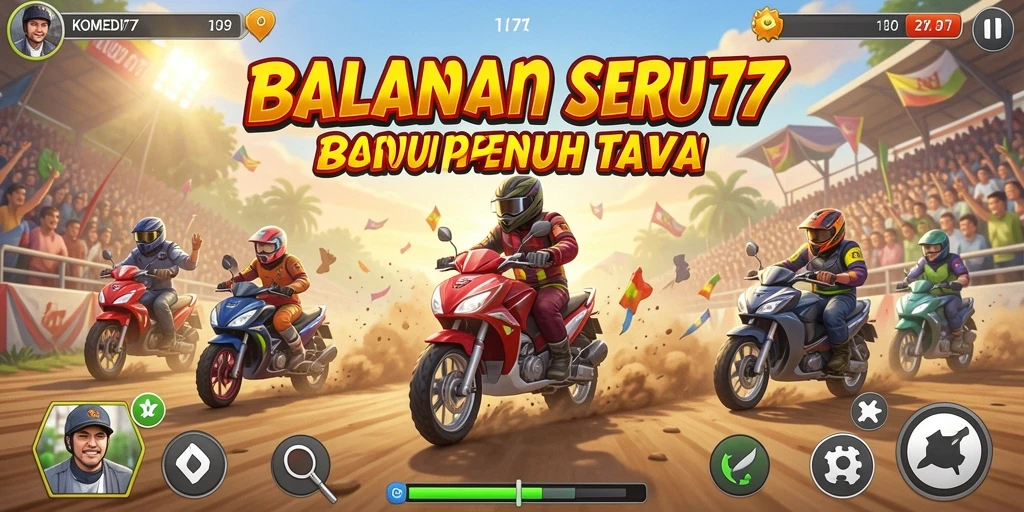 Screenshot menunjukkan aksi balapan seru di KOMEDI77 dengan elemen komedi.